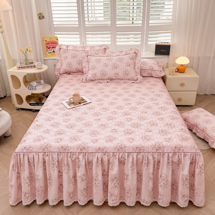 91家纺网 家纺一手货源 找家纺 缦彩 2025新款韩版全棉公主风夹棉床裙四件套纯棉花边加厚床罩套件 清韵-粉