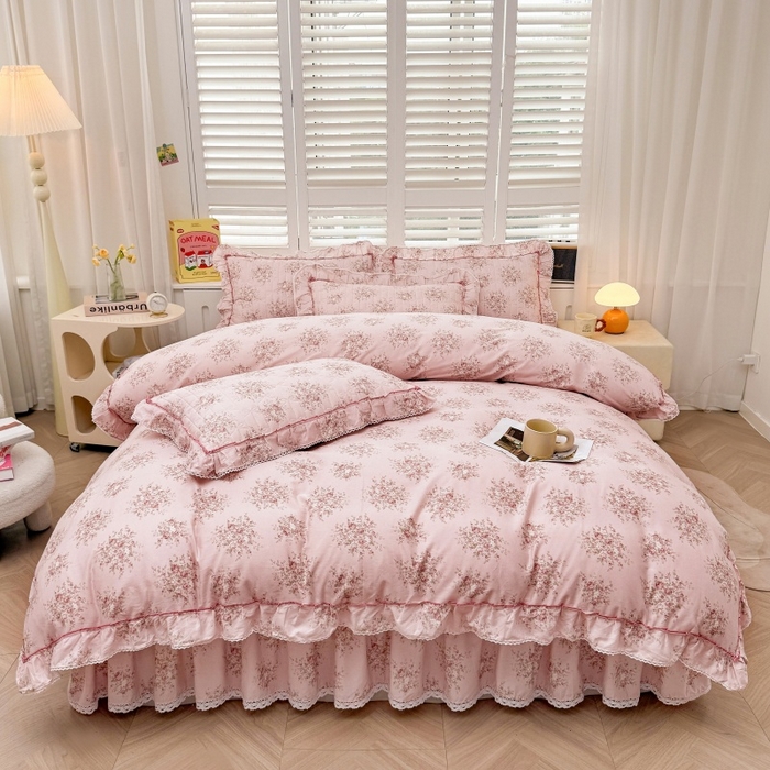 91家纺网 家纺一手货源 找家纺 缦彩 2025新款韩版全棉公主风夹棉床裙四件套纯棉花边加厚床罩套件 清韵-粉