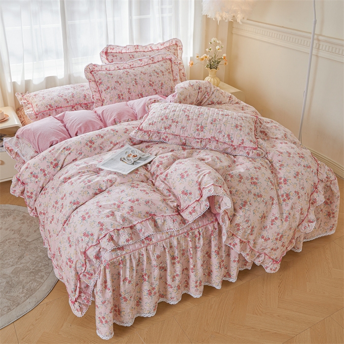 91家纺网 家纺一手货源 找家纺 缦彩 2025新款韩版全棉公主风夹棉床裙四件套纯棉花边加厚床罩套件 缤纷绮梦