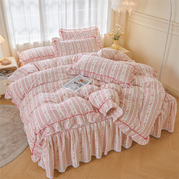 91家纺网 家纺一手货源 找家纺 缦彩 2025新款韩版全棉公主风夹棉床裙四件套纯棉花边加厚床罩套件 多丽粉