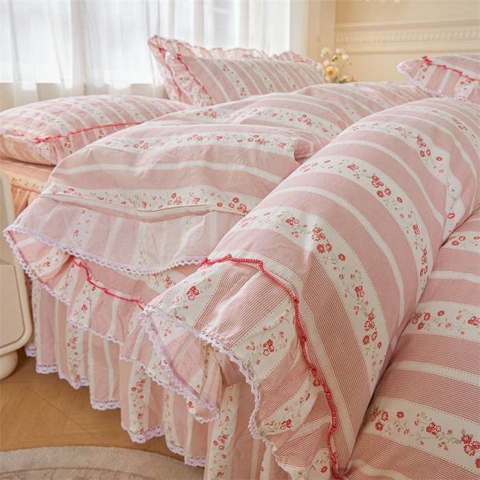 91家纺网 家纺一手货源 找家纺 缦彩 2025新款韩版全棉公主风夹棉床裙四件套纯棉花边加厚床罩套件 多丽粉