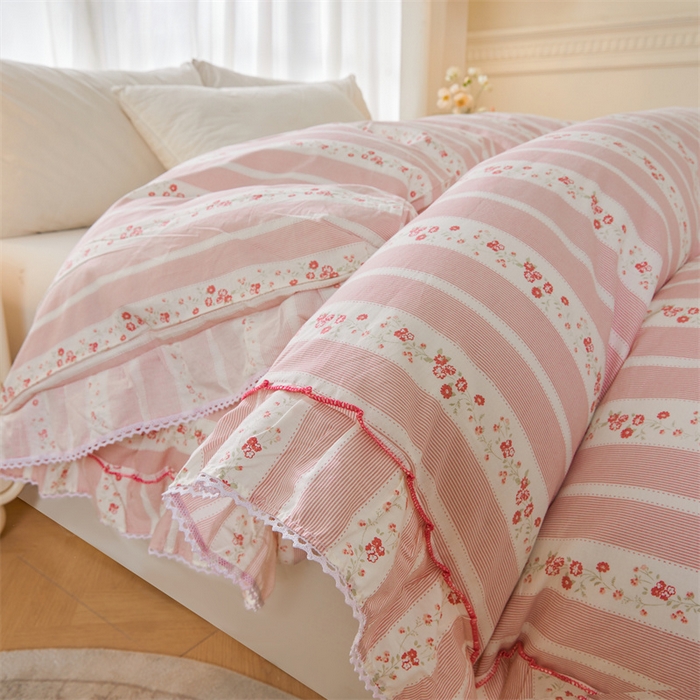 91家纺网 家纺一手货源 找家纺 缦彩 2025新款韩版全棉公主风夹棉床裙四件套纯棉花边加厚床罩套件 多丽粉