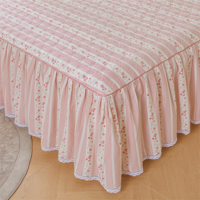 91家纺网 家纺一手货源 找家纺 缦彩 2025新款韩版全棉公主风夹棉床裙四件套纯棉花边加厚床罩套件 多丽粉