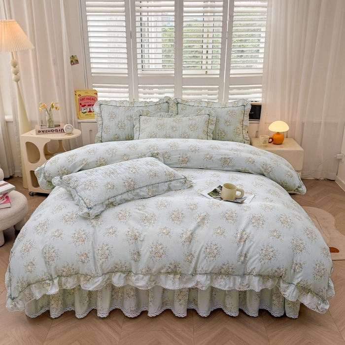 91家纺网 家纺一手货源 找家纺 缦彩 2025新款韩版全棉公主风夹棉床裙四件套纯棉花边加厚床罩套件 清韵-蓝
