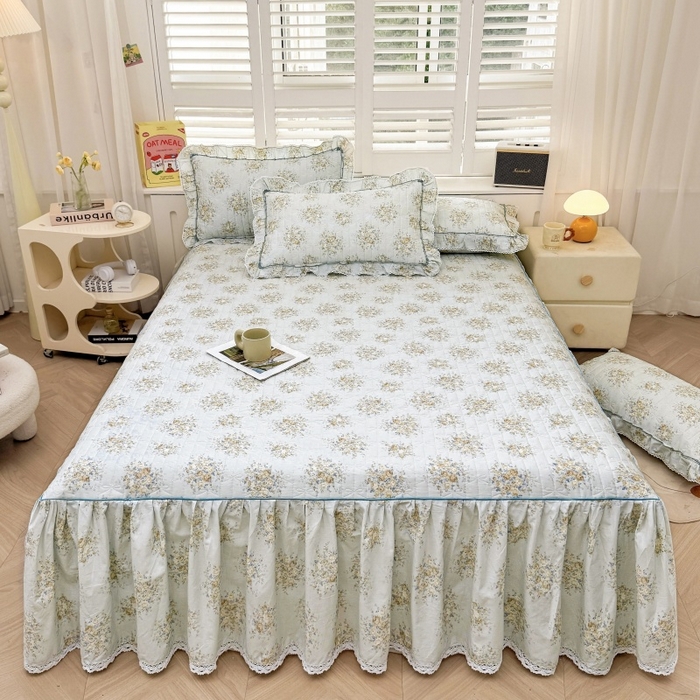 91家纺网 家纺一手货源 找家纺 缦彩 2025新款韩版全棉公主风夹棉床裙四件套纯棉花边加厚床罩套件 清韵-蓝