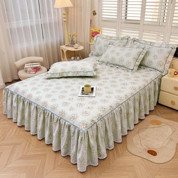 91家纺网 家纺一手货源 找家纺 缦彩 2025新款韩版全棉公主风夹棉床裙四件套纯棉花边加厚床罩套件 清韵-蓝