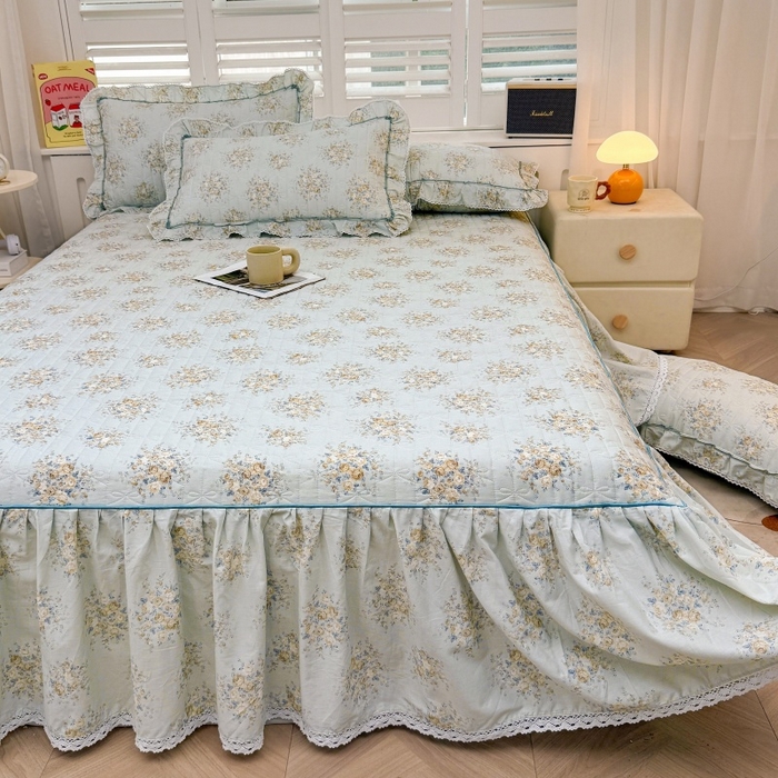 91家纺网 家纺一手货源 找家纺 缦彩 2025新款韩版全棉公主风夹棉床裙四件套纯棉花边加厚床罩套件 清韵-蓝