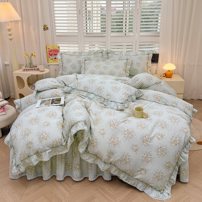 91家纺网 家纺一手货源 找家纺 缦彩 2025新款韩版全棉公主风夹棉床裙四件套纯棉花边加厚床罩套件 清韵-蓝