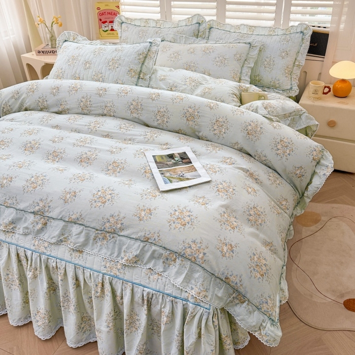 91家纺网 家纺一手货源 找家纺 缦彩 2025新款韩版全棉公主风夹棉床裙四件套纯棉花边加厚床罩套件 清韵-蓝