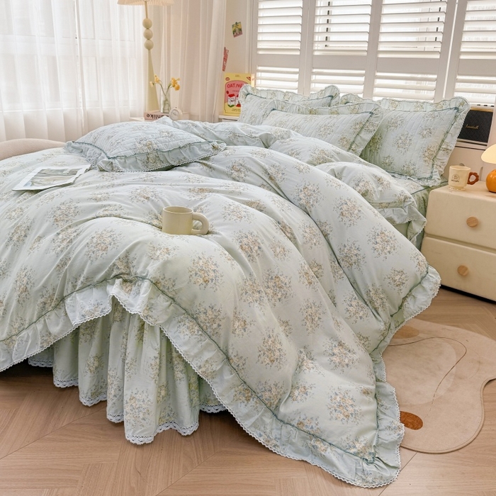91家纺网 家纺一手货源 找家纺 缦彩 2025新款韩版全棉公主风夹棉床裙四件套纯棉花边加厚床罩套件 清韵-蓝