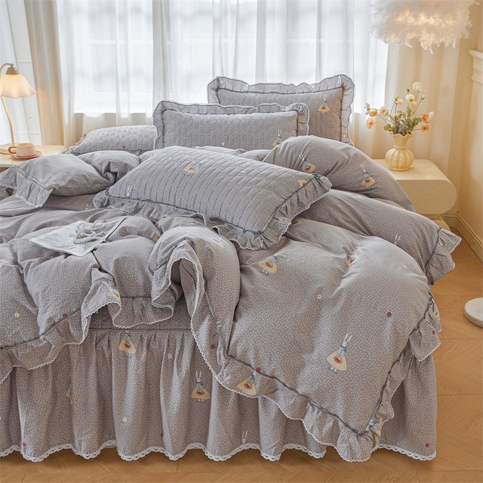 91家纺网 家纺一手货源 找家纺 缦彩 2025新款韩版全棉公主风夹棉床裙四件套纯棉花边加厚床罩套件 小萝莉