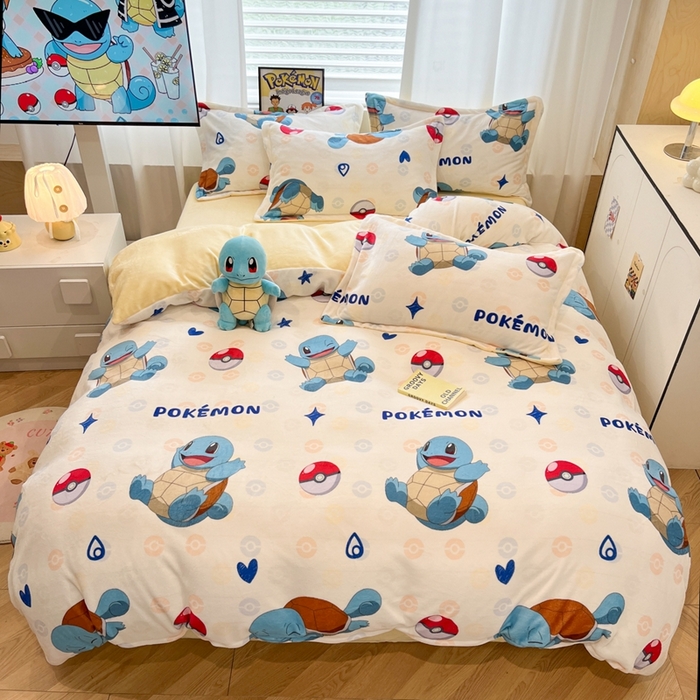 91家纺网 家纺一手货源 找家纺 暮思家居 2025新款正版授权宝可梦数码印花高克重加厚保暖牛奶绒四件套 绒小版-杰尼龟