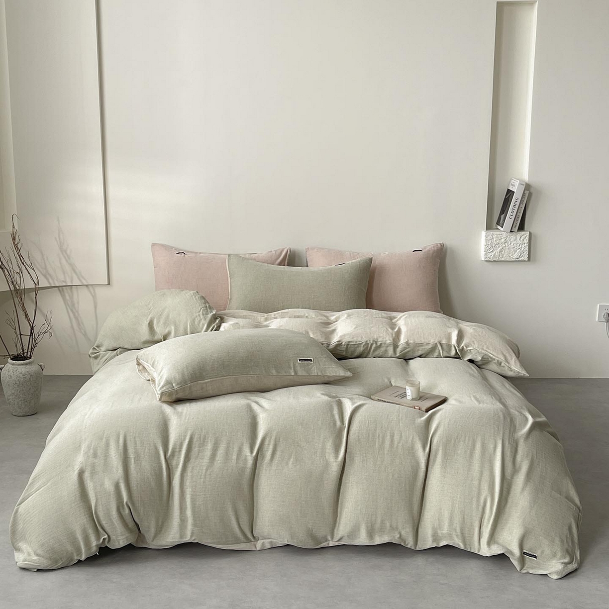 91家纺网 家纺一手货源 找家纺 2025新款休闲风超柔棉麻四件套简约纯棉全棉复古风素色亚麻高端床上用品四季通用 安缦-绿