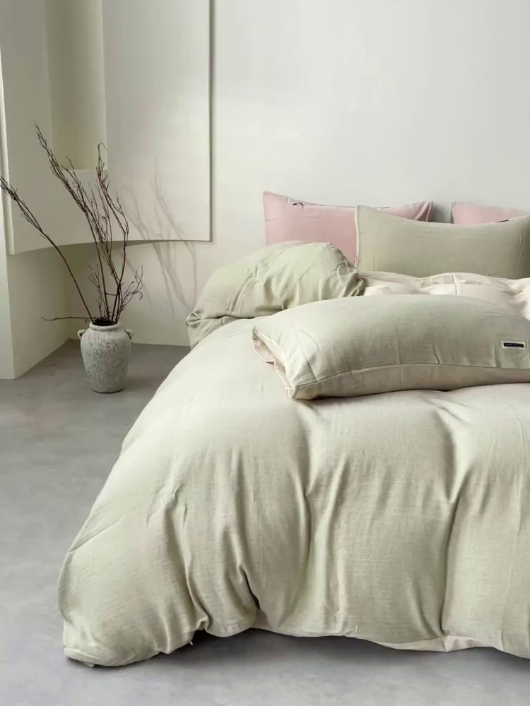 91家纺网 家纺一手货源 找家纺 2025新款休闲风超柔棉麻四件套简约纯棉全棉复古风素色亚麻高端床上用品四季通用 安缦-绿