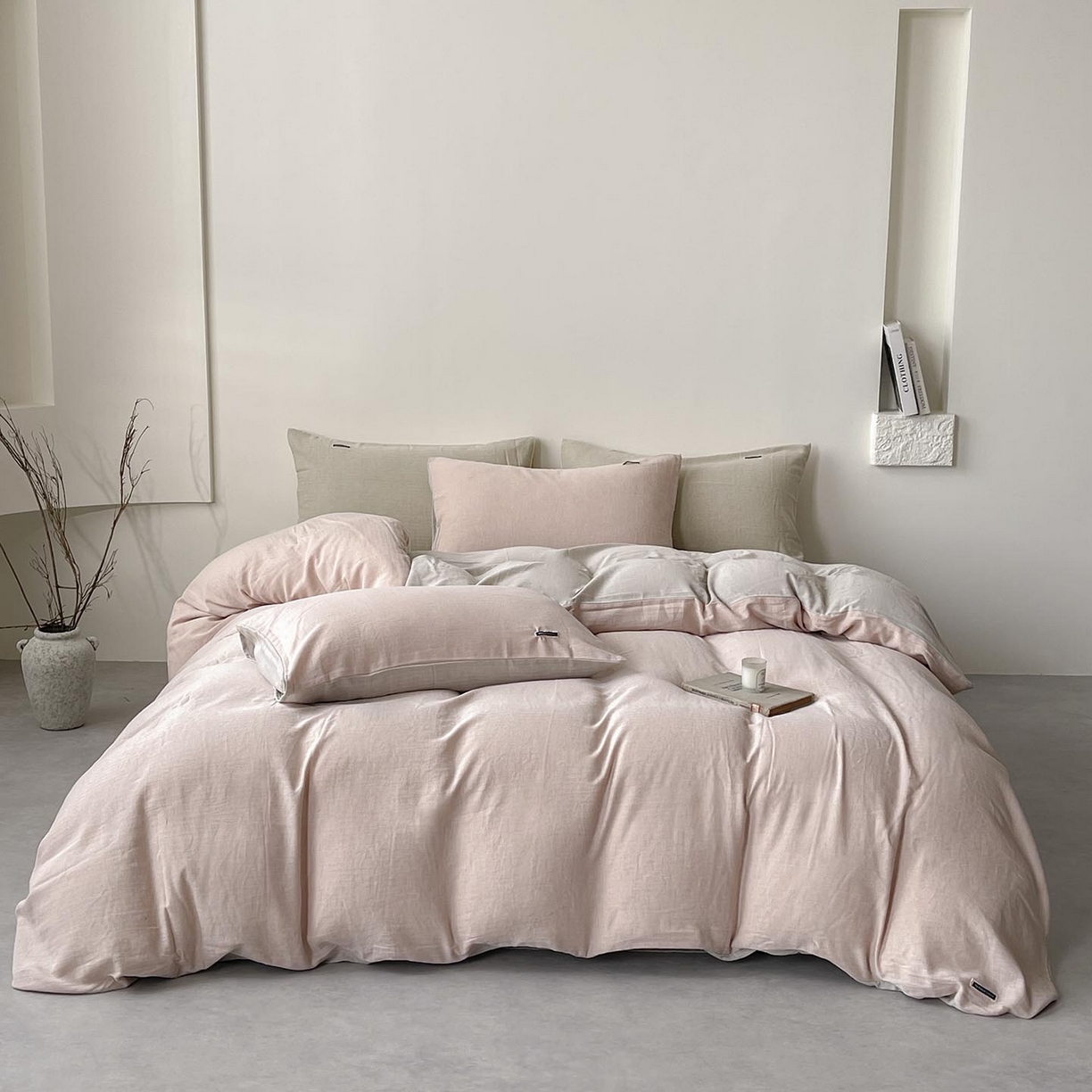 91家纺网 家纺一手货源 找家纺 2025新款休闲风超柔棉麻四件套简约纯棉全棉复古风素色亚麻高端床上用品四季通用 安缦-粉