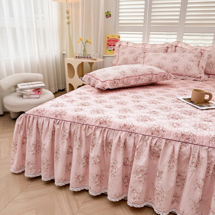 91家纺网 家纺一手货源 找家纺 （总）缦彩 2025新款韩版100%全棉公主风夹棉床裙纯棉花边加厚床罩单件