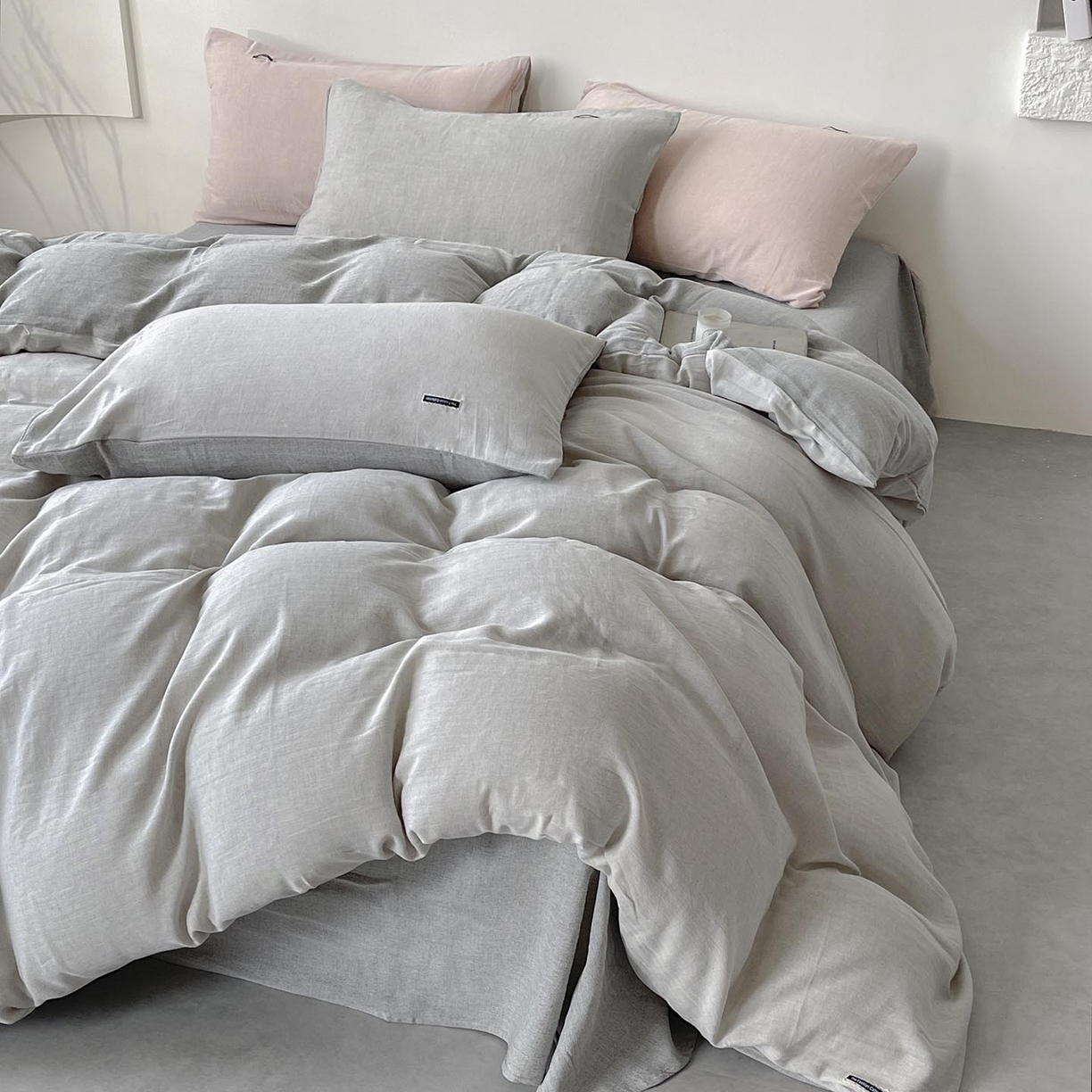 2025新款休闲风超柔棉麻四件套简约纯棉全棉复古风素色亚麻高端床上用品四季通用 安缦-灰