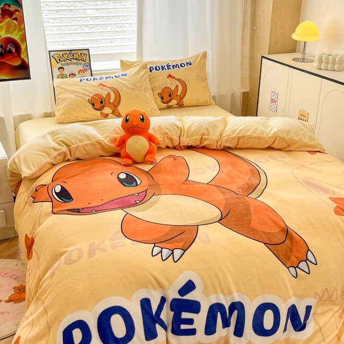 91家纺网 家纺一手货源 找家纺 暮思家居 2025新款正版授权宝可梦数码印花高克重加厚保暖牛奶绒四件套 绒大版-欢乐喷火龙