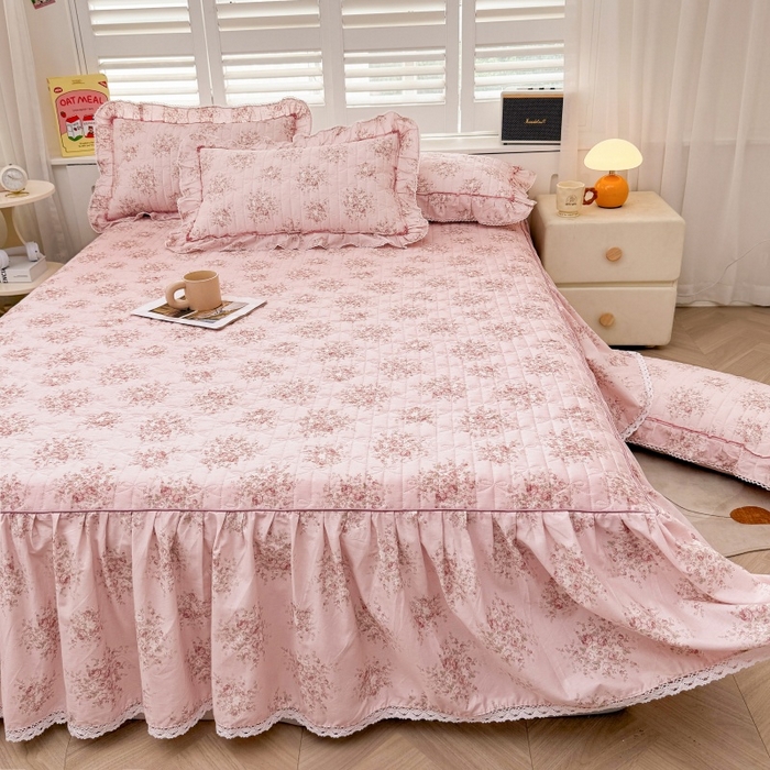 91家纺网 家纺一手货源 找家纺 缦彩 2025新款韩版100%全棉公主风夹棉床裙纯棉花边加厚床罩单件 清韵-粉