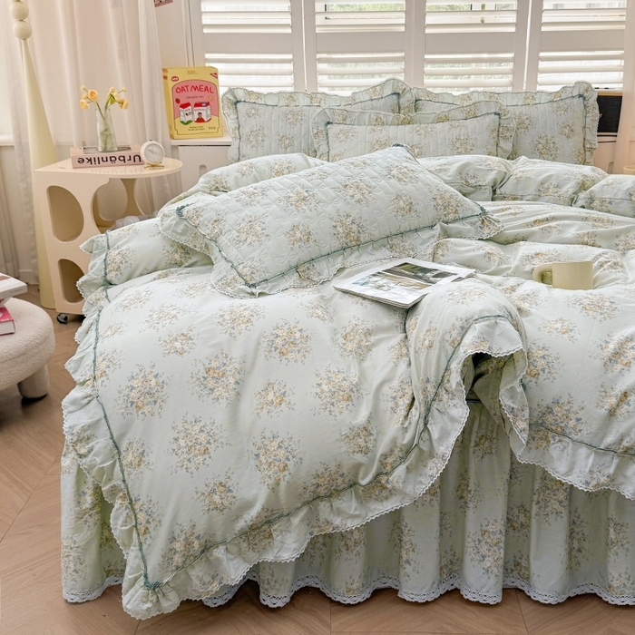 91家纺网 家纺一手货源 找家纺 缦彩 2025新款韩版100%全棉公主风夹棉床裙纯棉花边加厚床罩单件 清韵-蓝