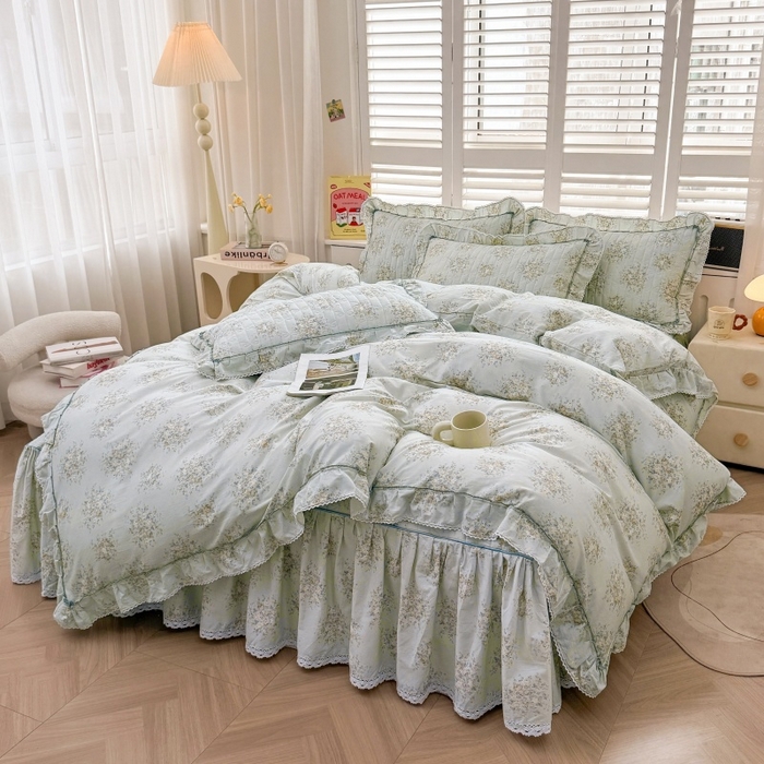 91家纺网 家纺一手货源 找家纺 缦彩 2025新款韩版100%全棉公主风夹棉床裙纯棉花边加厚床罩单件 清韵-蓝