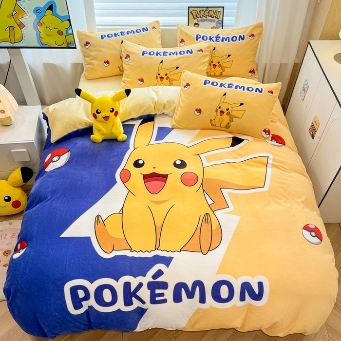 暮思家居 2025新款正版授权宝可梦数码印花高克重加厚保暖牛奶绒四件套 绒大版-闪电皮卡丘