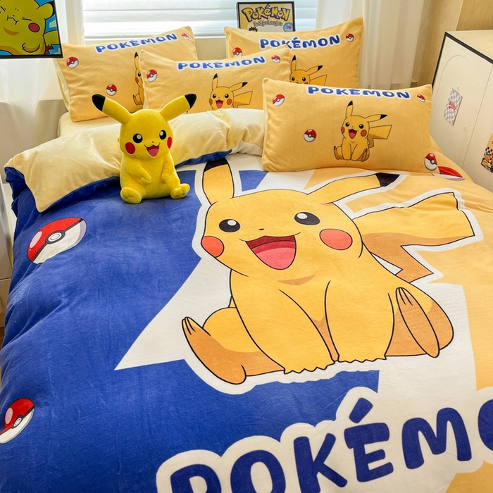 91家纺网 家纺一手货源 找家纺 暮思家居 2025新款正版授权宝可梦数码印花高克重加厚保暖牛奶绒四件套 绒大版-闪电皮卡丘