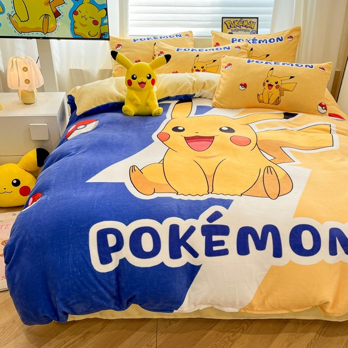 91家纺网 家纺一手货源 找家纺 暮思家居 2025新款正版授权宝可梦数码印花高克重加厚保暖牛奶绒四件套 绒大版-闪电皮卡丘