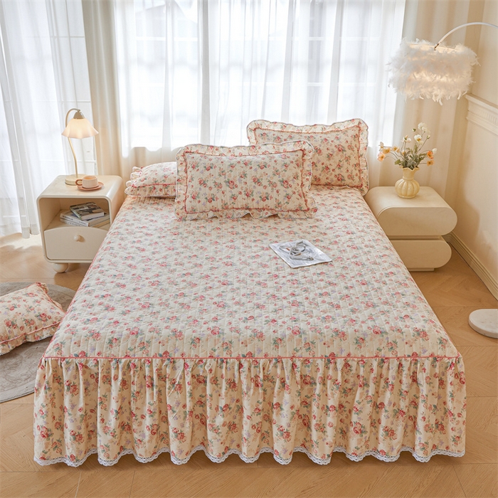 缦彩 2025新款韩版100%全棉公主风夹棉床裙纯棉花边加厚床罩单件 蒂芙尼