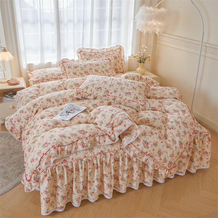 91家纺网 家纺一手货源 找家纺 缦彩 2025新款韩版100%全棉公主风夹棉床裙纯棉花边加厚床罩单件 蒂芙尼