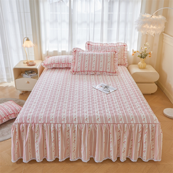 缦彩 2025新款韩版100%全棉公主风夹棉床裙纯棉花边加厚床罩单件 多丽粉