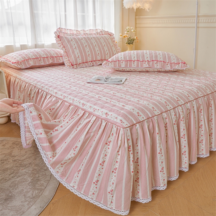 91家纺网 家纺一手货源 找家纺 缦彩 2025新款韩版100%全棉公主风夹棉床裙纯棉花边加厚床罩单件 多丽粉