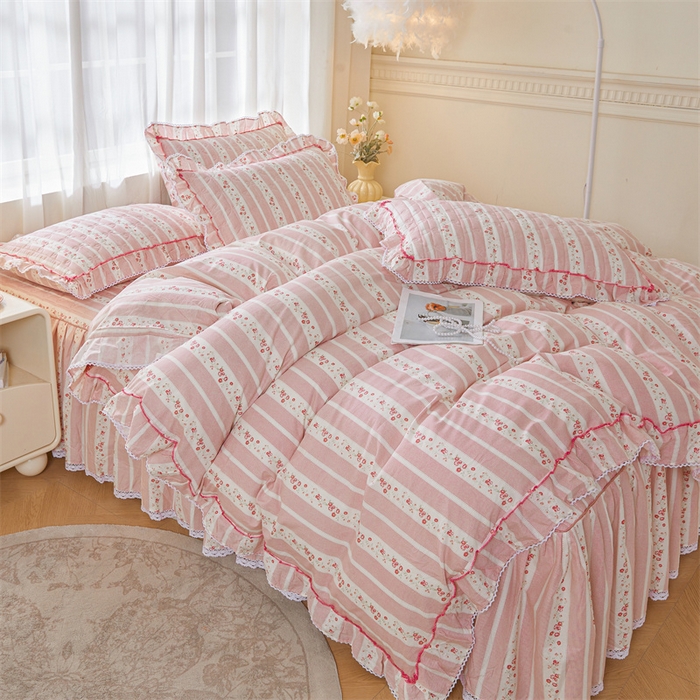 91家纺网 家纺一手货源 找家纺 缦彩 2025新款韩版100%全棉公主风夹棉床裙纯棉花边加厚床罩单件 多丽粉