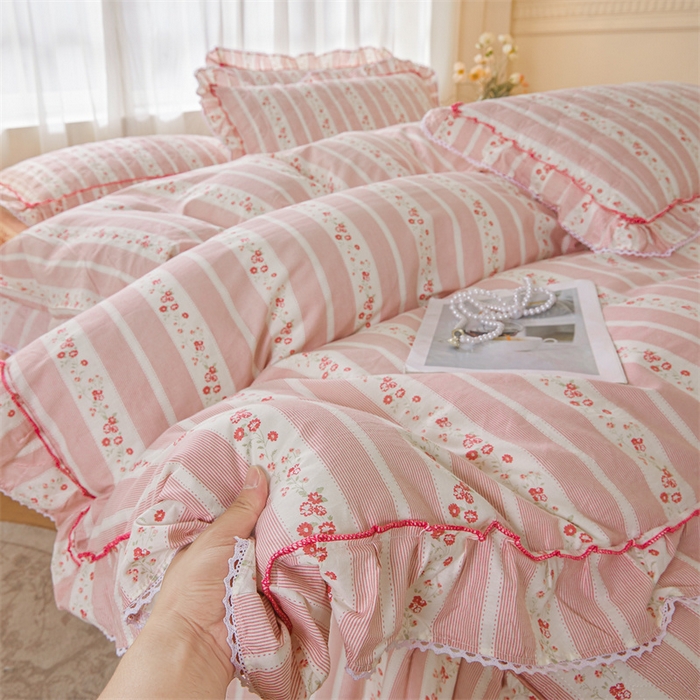 91家纺网 家纺一手货源 找家纺 缦彩 2025新款韩版100%全棉公主风夹棉床裙纯棉花边加厚床罩单件 多丽粉