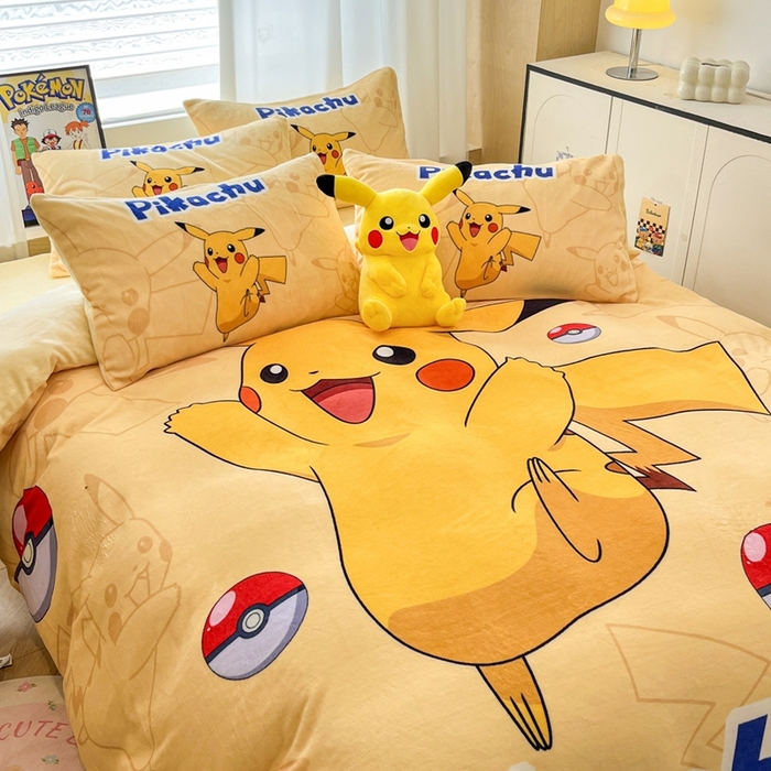 91家纺网 家纺一手货源 找家纺 暮思家居 2025新款正版授权宝可梦数码印花高克重加厚保暖牛奶绒四件套 绒大版-神奇宝贝