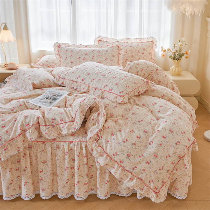 91家纺网 家纺一手货源 找家纺 缦彩 2025新款韩版100%全棉公主风夹棉床裙纯棉花边加厚床罩单件 雾岛听风-粉