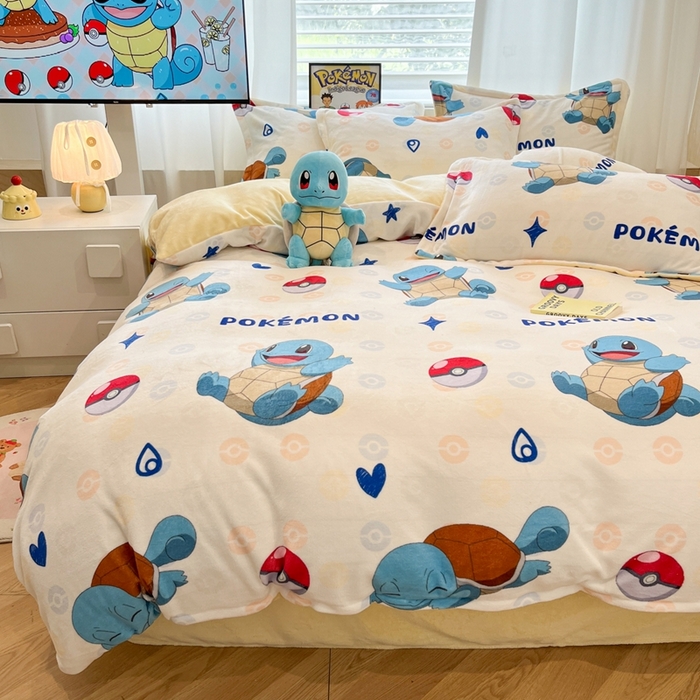 91家纺网 家纺一手货源 找家纺 暮思家居 2025新款正版授权宝可梦数码印花高克重加厚保暖牛奶绒四件套 绒小版-杰尼龟