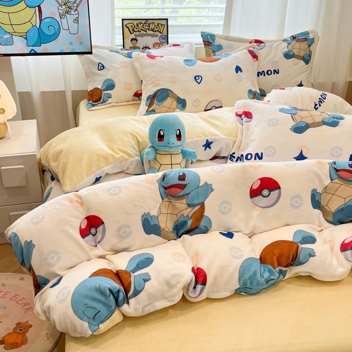 91家纺网 家纺一手货源 找家纺 暮思家居 2025新款正版授权宝可梦数码印花高克重加厚保暖牛奶绒四件套 绒小版-杰尼龟