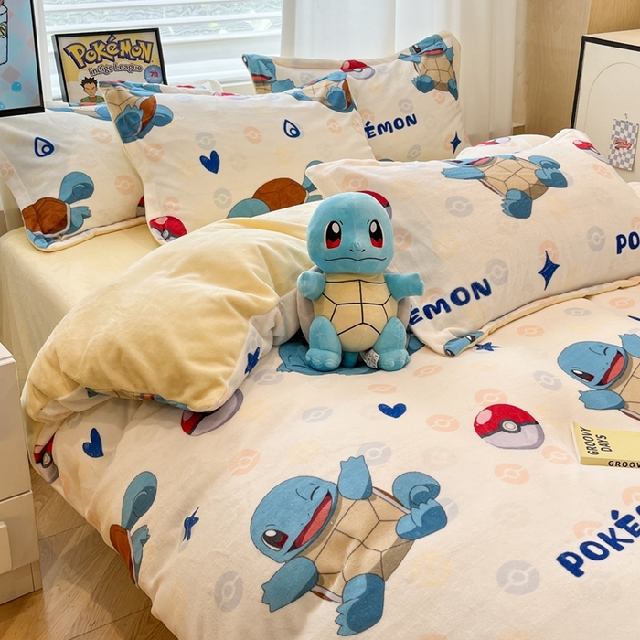 91家纺网 家纺一手货源 找家纺 暮思家居 2025新款正版授权宝可梦数码印花高克重加厚保暖牛奶绒四件套 绒小版-杰尼龟
