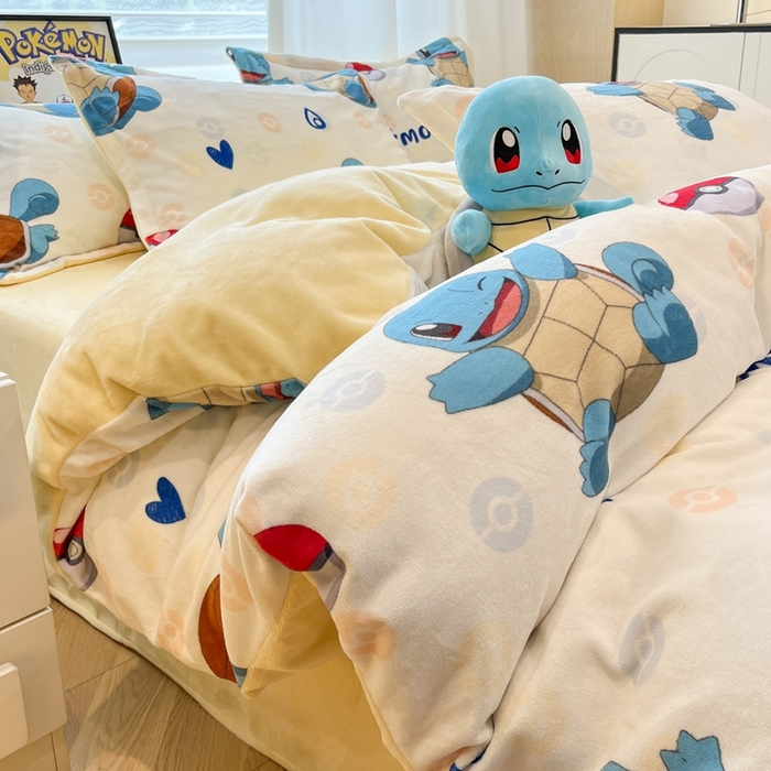 91家纺网 家纺一手货源 找家纺 暮思家居 2025新款正版授权宝可梦数码印花高克重加厚保暖牛奶绒四件套 绒小版-杰尼龟