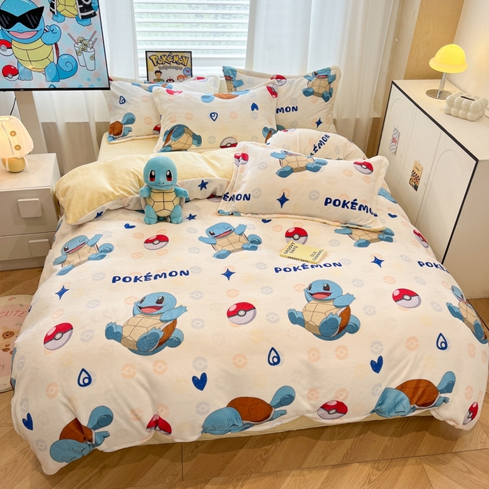 91家纺网 家纺一手货源 找家纺 暮思家居 2025新款正版授权宝可梦数码印花高克重加厚保暖牛奶绒四件套 绒小版-杰尼龟