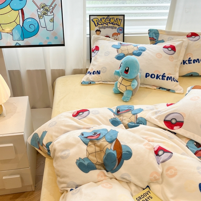 91家纺网 家纺一手货源 找家纺 暮思家居 2025新款正版授权宝可梦数码印花高克重加厚保暖牛奶绒四件套 绒小版-杰尼龟