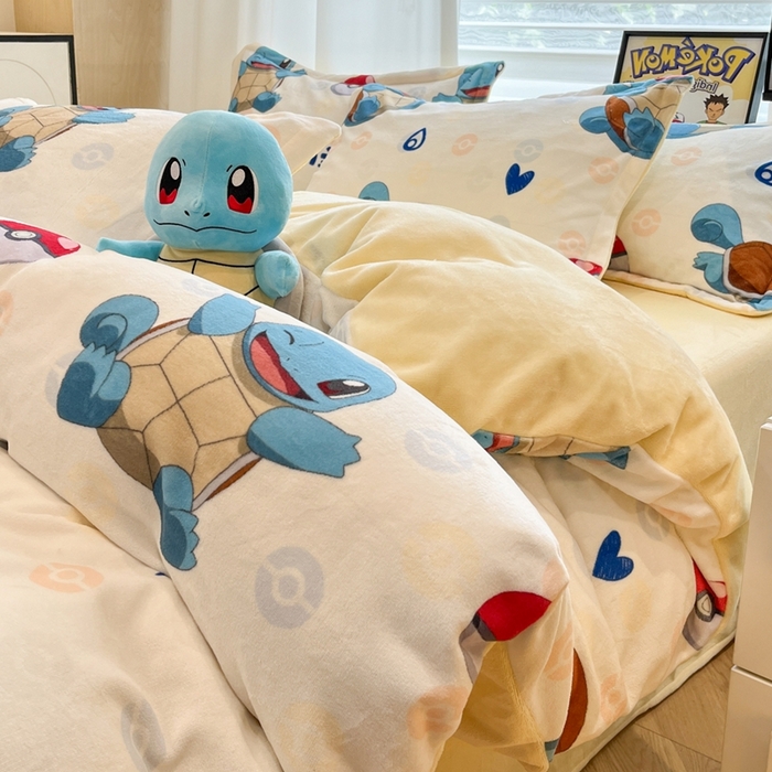 91家纺网 家纺一手货源 找家纺 暮思家居 2025新款正版授权宝可梦数码印花高克重加厚保暖牛奶绒四件套 绒小版-杰尼龟