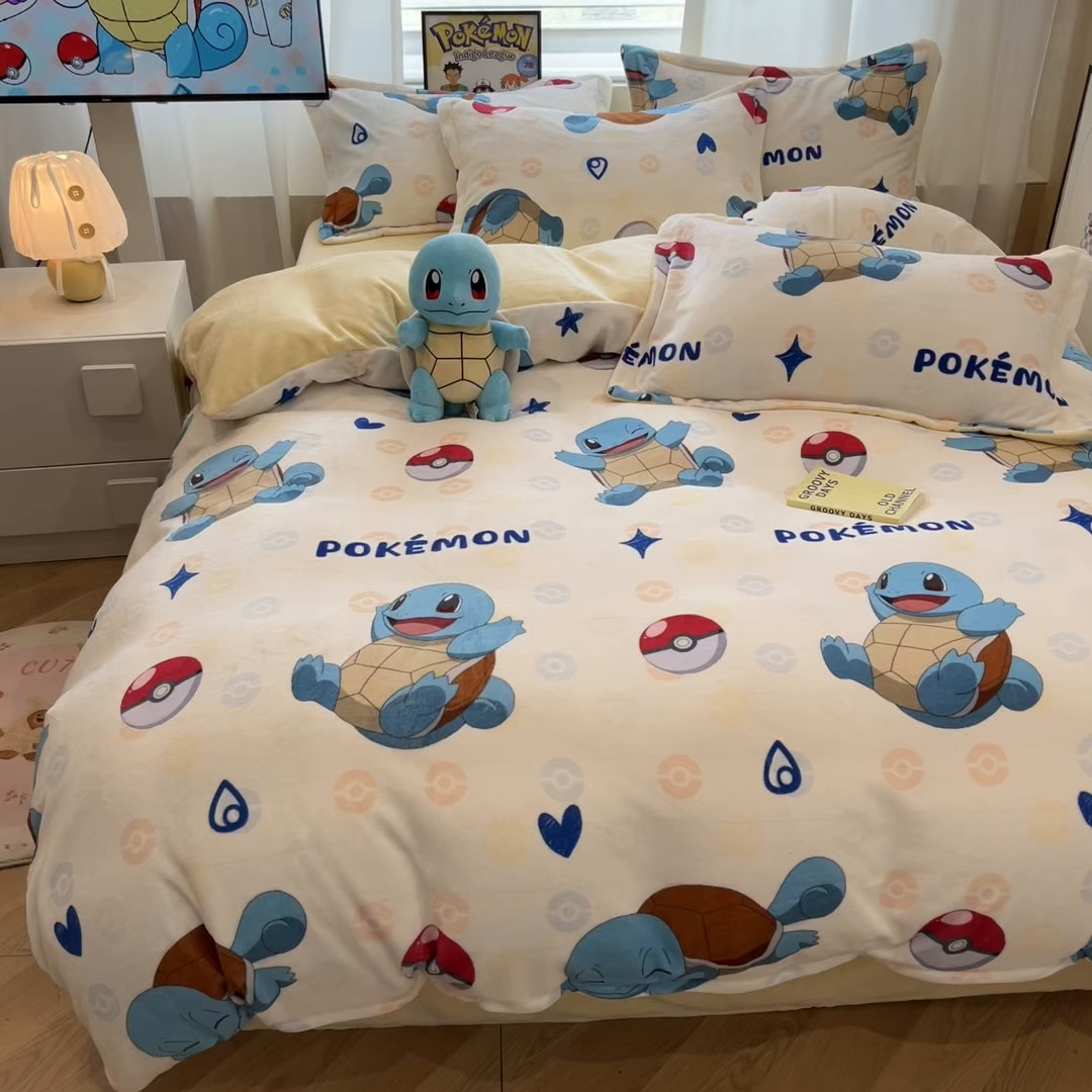 91家纺网 家纺一手货源 找家纺 暮思家居 2025新款正版授权宝可梦数码印花高克重加厚保暖牛奶绒四件套 绒小版-杰尼龟