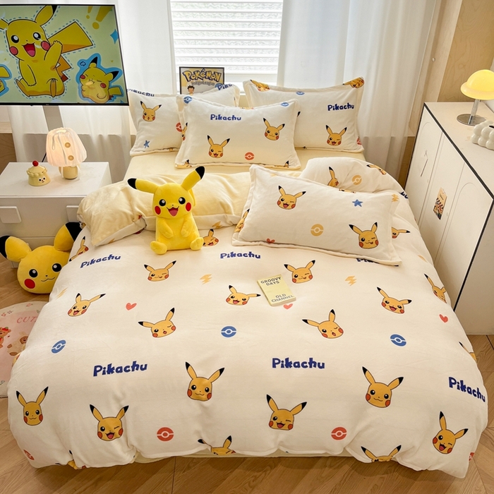 暮思家居 2025新款正版授权宝可梦数码印花高克重加厚保暖牛奶绒四件套 绒小版-淘气皮卡丘