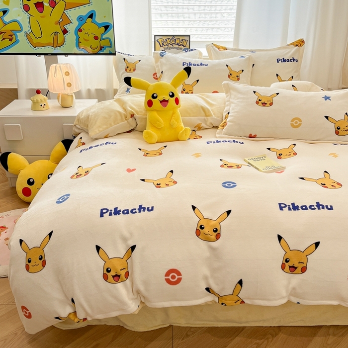 91家纺网 家纺一手货源 找家纺 暮思家居 2025新款正版授权宝可梦数码印花高克重加厚保暖牛奶绒四件套 绒小版-淘气皮卡丘