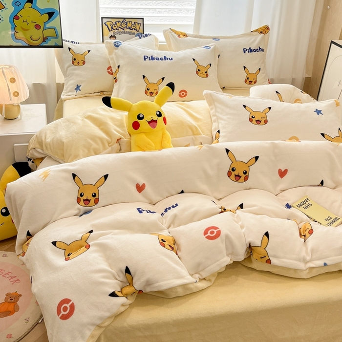 91家纺网 家纺一手货源 找家纺 暮思家居 2025新款正版授权宝可梦数码印花高克重加厚保暖牛奶绒四件套 绒小版-淘气皮卡丘
