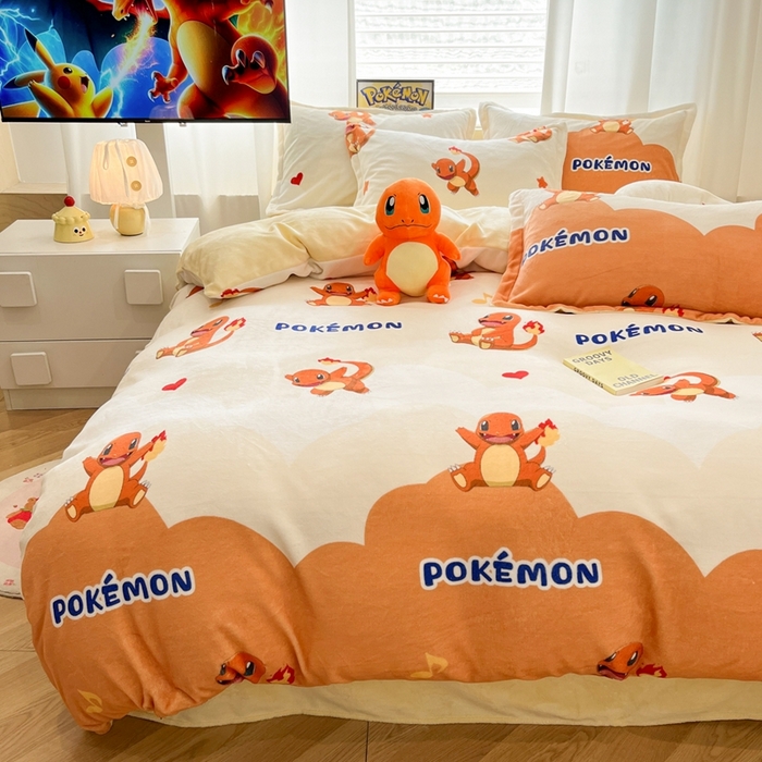 91家纺网 家纺一手货源 找家纺 暮思家居 2025新款正版授权宝可梦数码印花高克重加厚保暖牛奶绒四件套 绒小版-小火龙