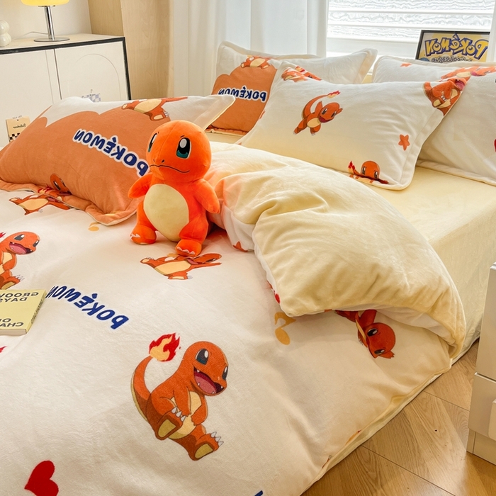 91家纺网 家纺一手货源 找家纺 暮思家居 2025新款正版授权宝可梦数码印花高克重加厚保暖牛奶绒四件套 绒小版-小火龙