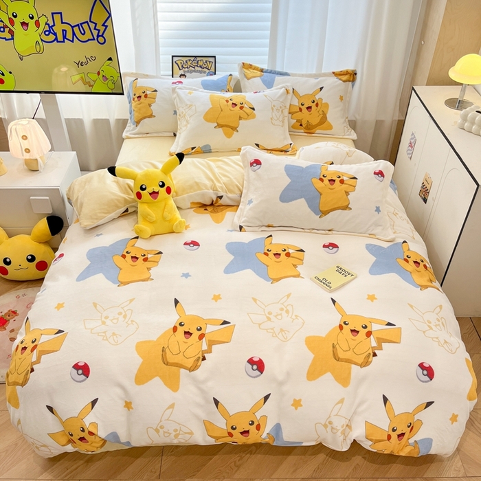 暮思家居 2025新款正版授权宝可梦数码印花高克重加厚保暖牛奶绒四件套 绒小版-星星皮卡丘